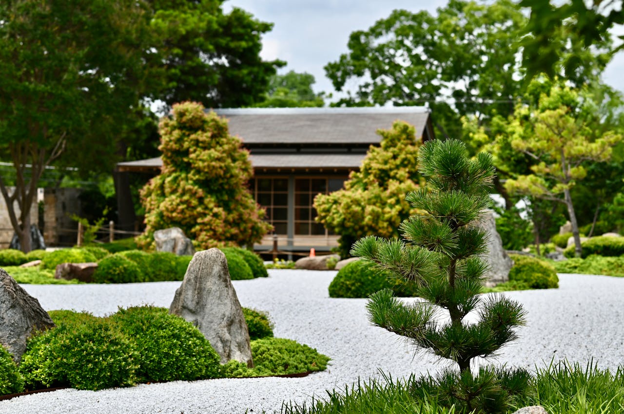 Peaceful Japanese garden scene with rocks, trees, and traditional house in Texas.